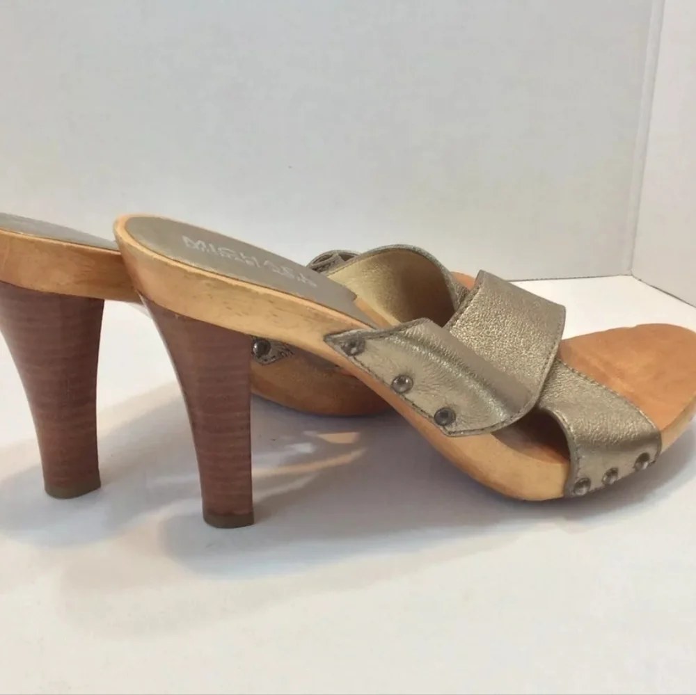 MICHAEL Michael Kors Gold Wood Strappy Slide Mules Heel Sandals Size 8M Brazil